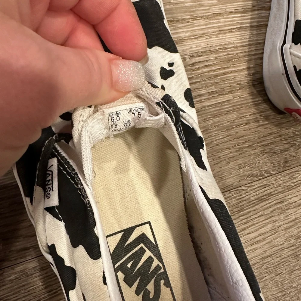 Vans Black and White Cow Print Slip-On Sneakers - Picture 3 of 4